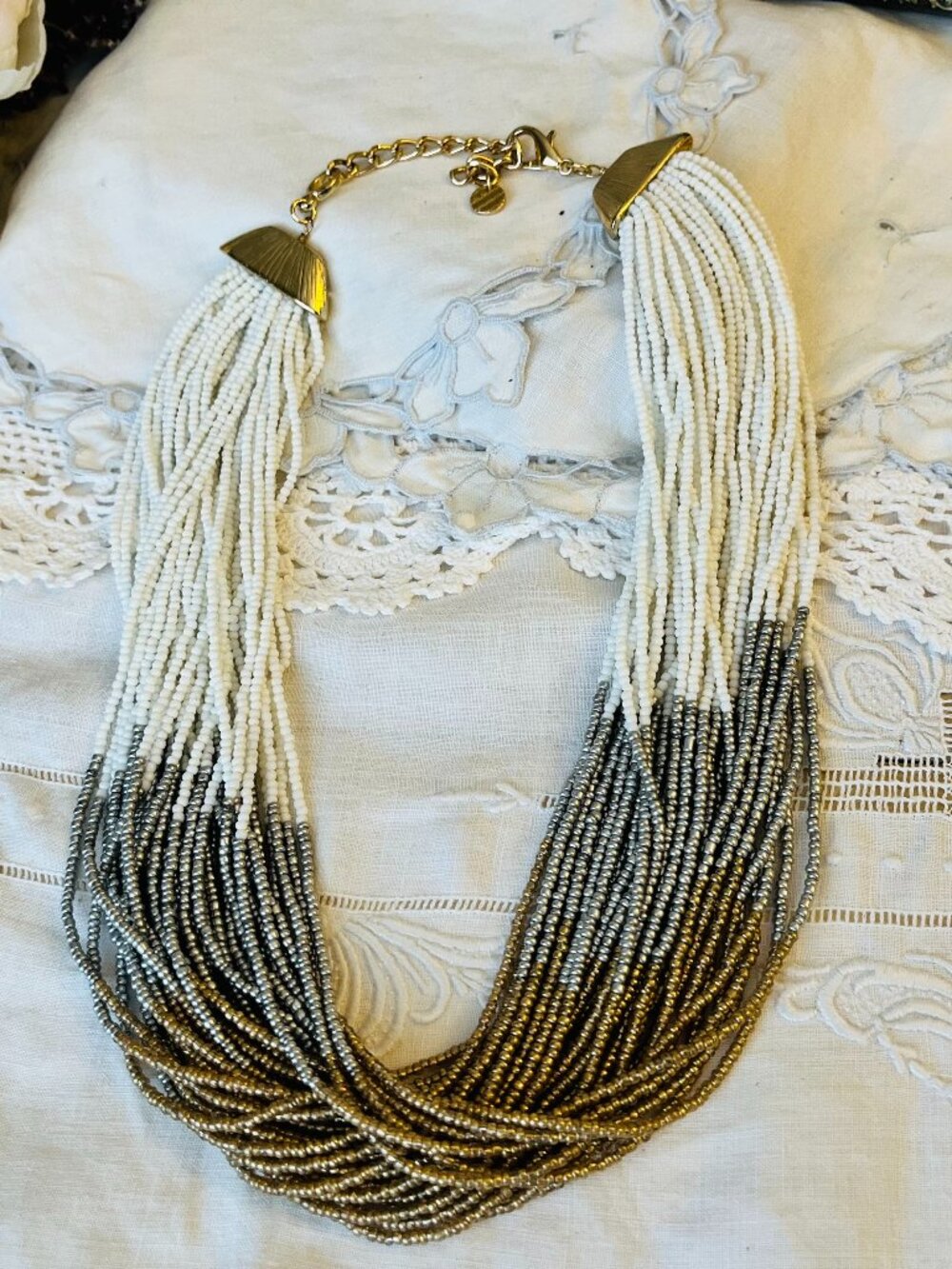 Talbots Beaded Multi Strand Necklace in White, Silver and Gold Beads NWOT